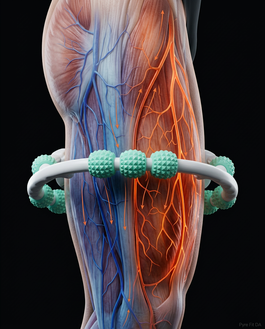 Anatomy render of the massage ring flushing lactic acid through the calf