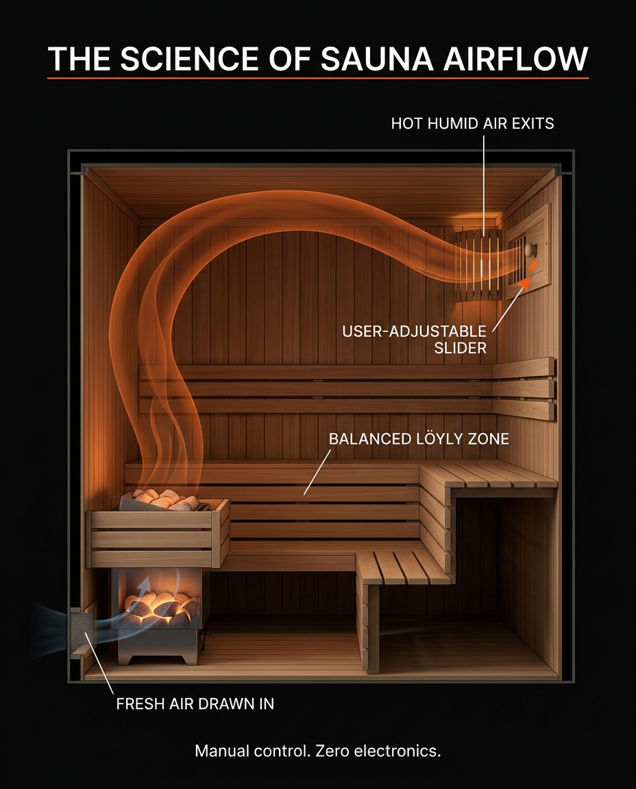 Diagram of sauna airflow drawn in and humid air released through the vent