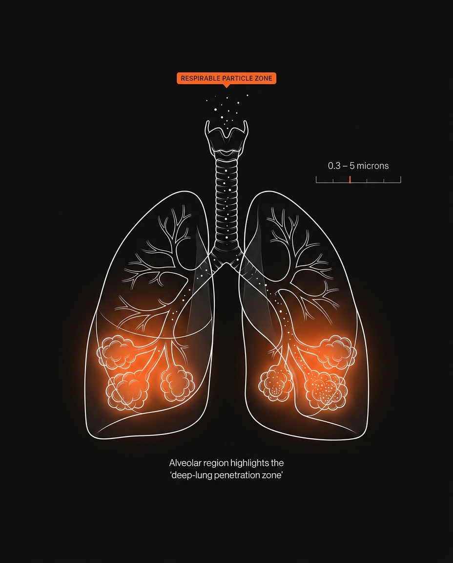 Lung diagram showing the deep-lung penetration zone of fine nail dust particles