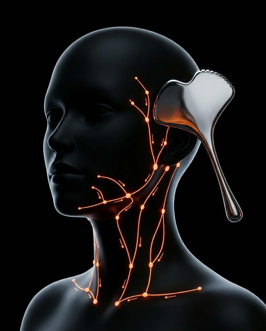 Anatomy diagram mapping facial gentle massage with the sculpting tool on cheek