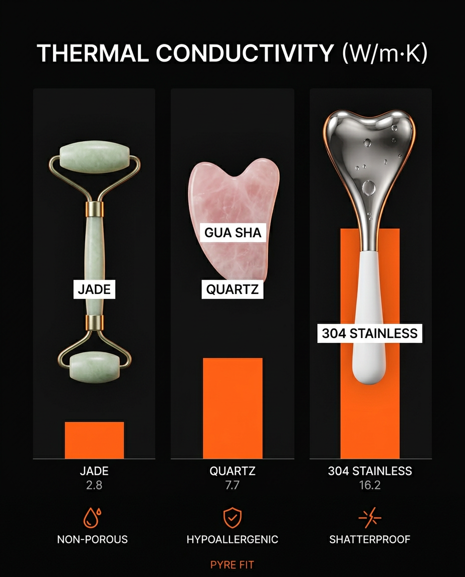 Thermal conductivity chart comparing jade, quartz gua sha and 304 stainless steel
