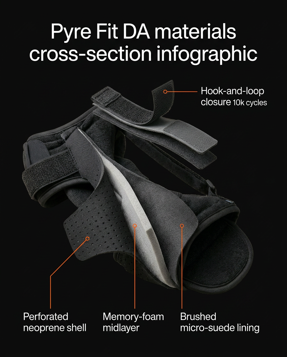Cross-section showing the brace neoprene, memory-foam and suede layers