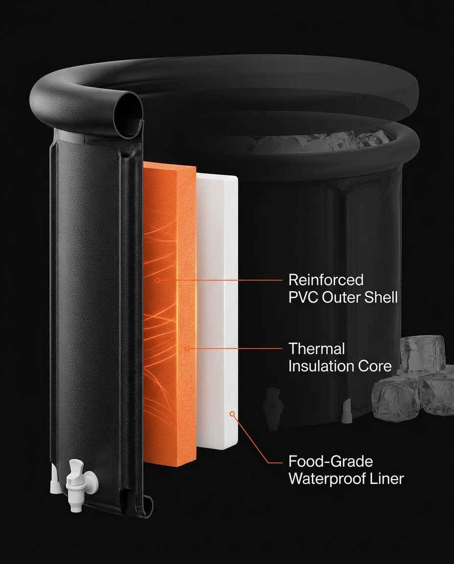 Cutaway showing triple-layer PVC, insulation core and liner of the ice bath tub