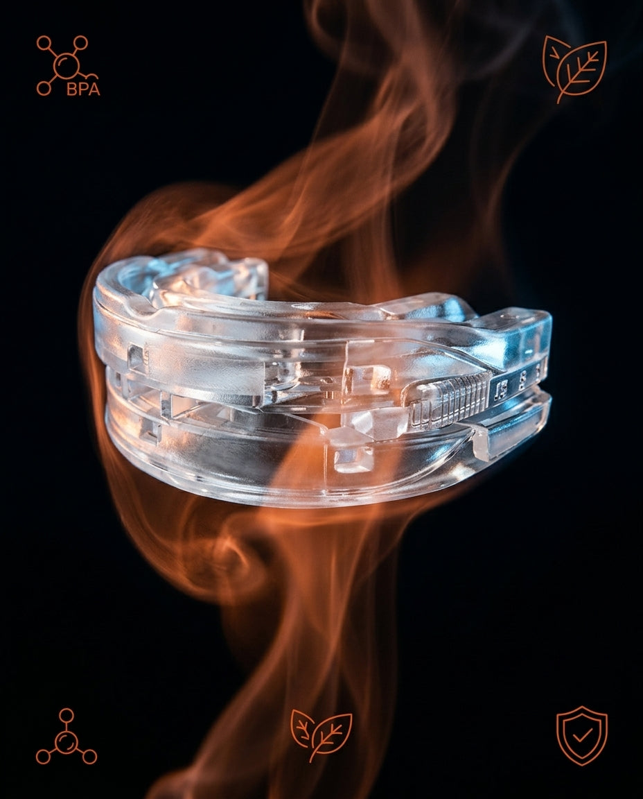 Clear BPA-free mouth guard amid warm vapor with material science icons