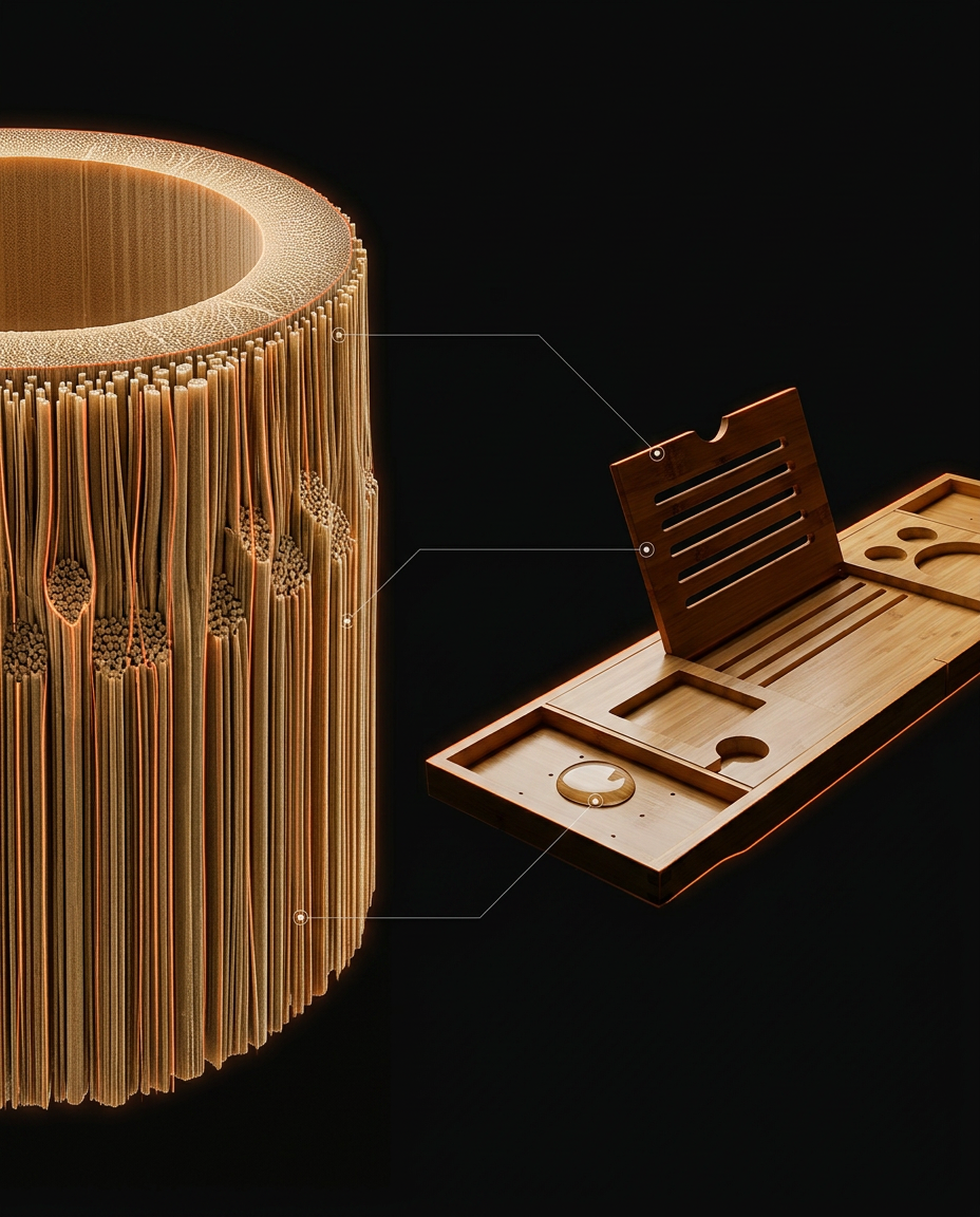 Material diagram showing bamboo fiber structure beside the bath tray