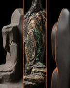 Three-panel view of the incense holder resin from mold to painted finish