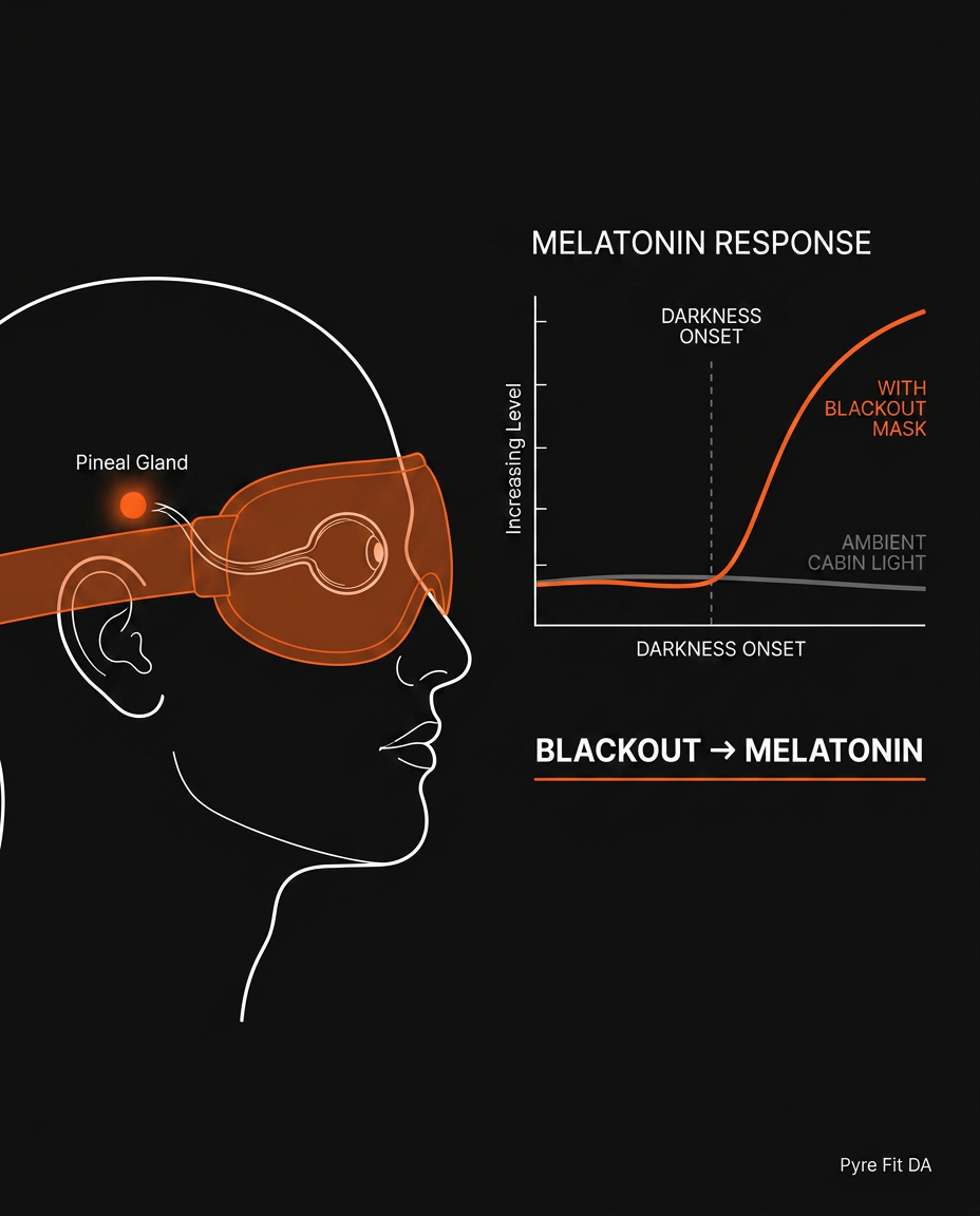 Diagram showing the blackout mask boosting melatonin by blocking light