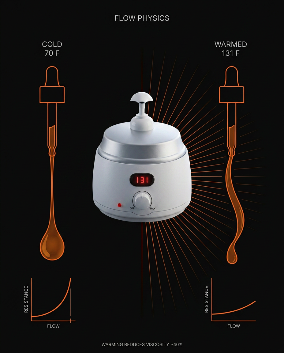 Flow physics diagram contrasting cold thick oil with warmed flowing oil
