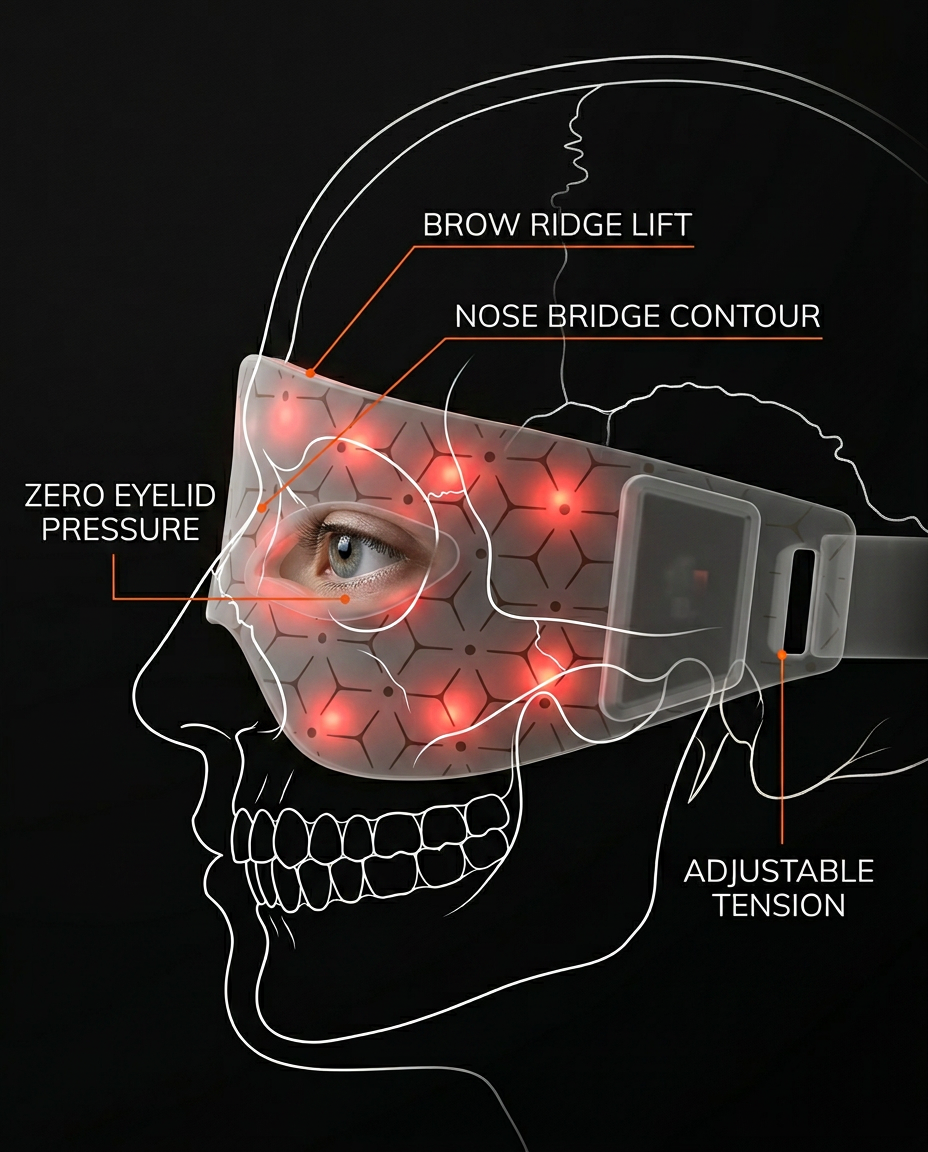 Profile diagram showing the eye mask contouring the brow and eye sockets