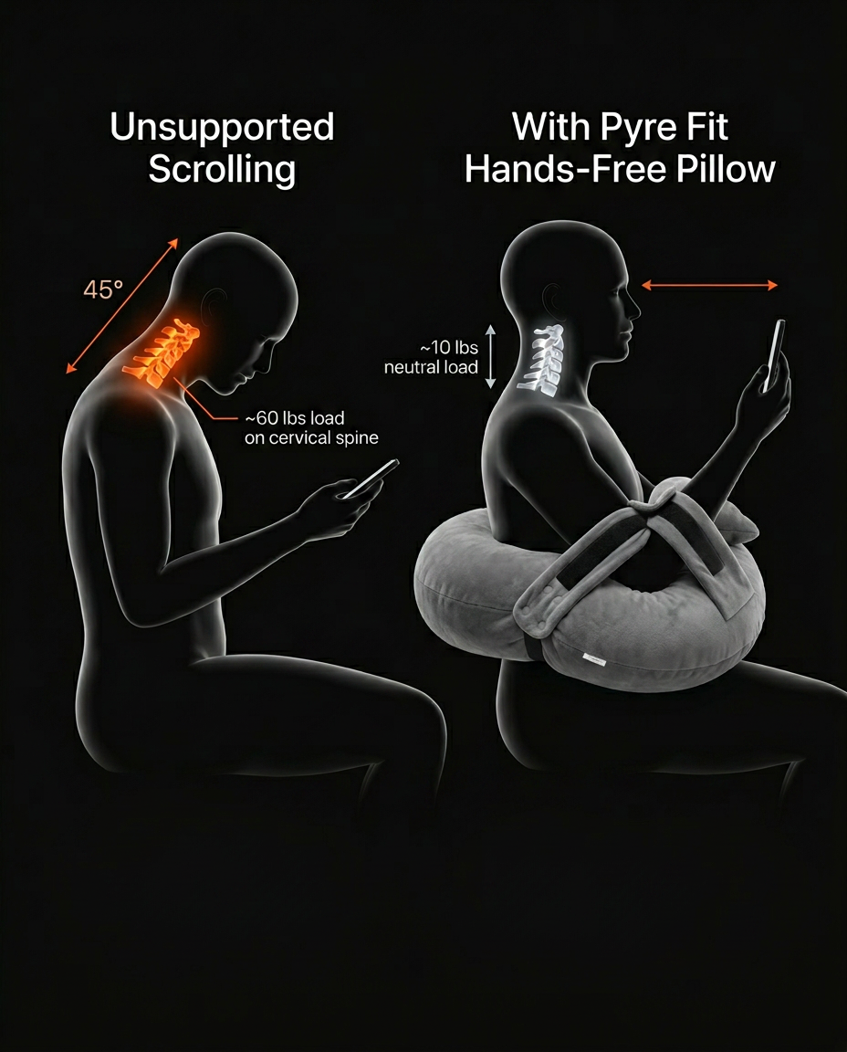 Posture diagram comparing unsupported scrolling versus using the comfort pillow
