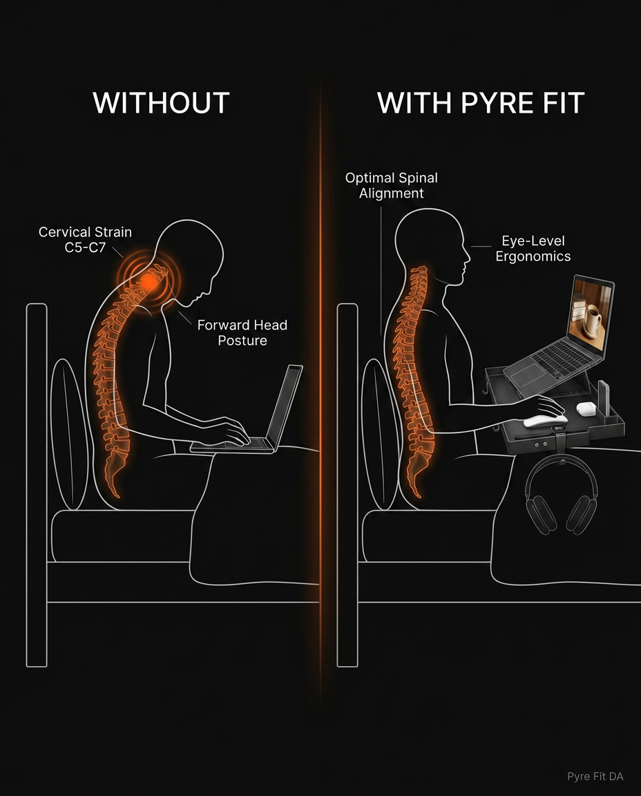 Posture diagram contrasting neck strain versus aligned spine using the bedside tray
