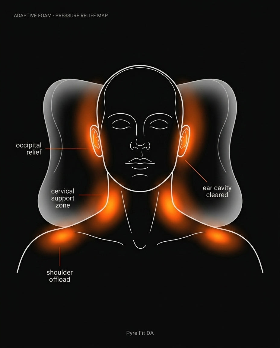 Pressure relief map showing occipital, cervical, ear-cavity and shoulder offload zones on a head