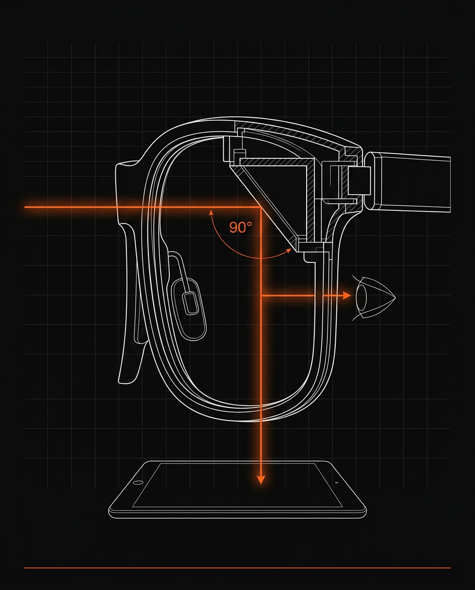 Optics diagram showing the 90-degree prism bending the line of sight downward