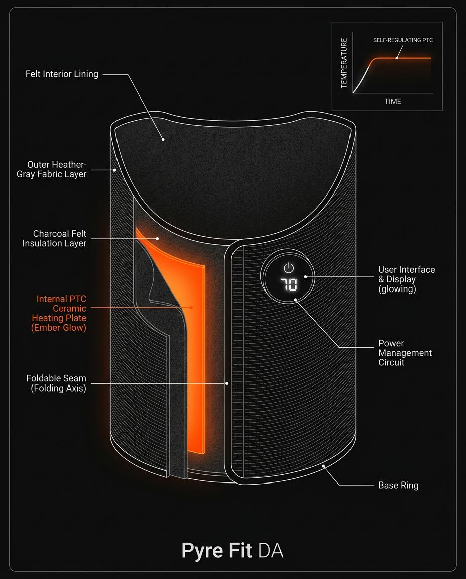 Cutaway diagram of the leg warmer's felt lining and PTC ceramic heating layers