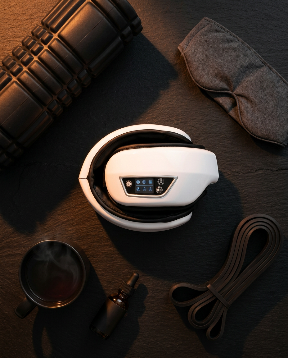 Eye massager in a recovery flat lay with foam roller, sleep mask and resistance band