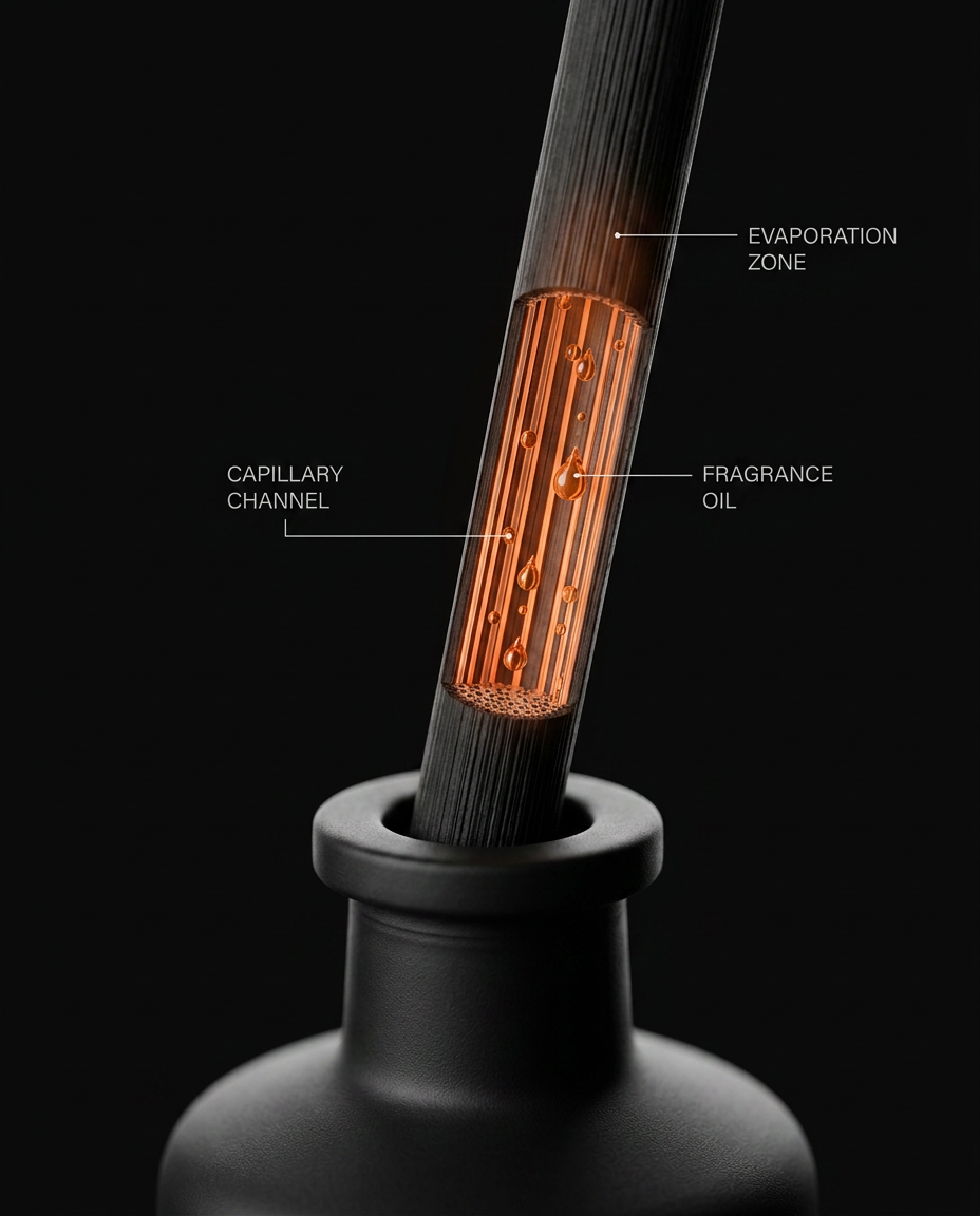 Diagram of capillary action drawing fragrance oil up a reed to evaporate