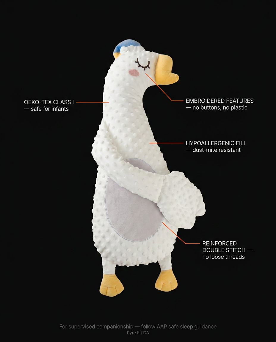 Diagram of the baby pillow's safe build: no plastic, soft fill, reinforced seams