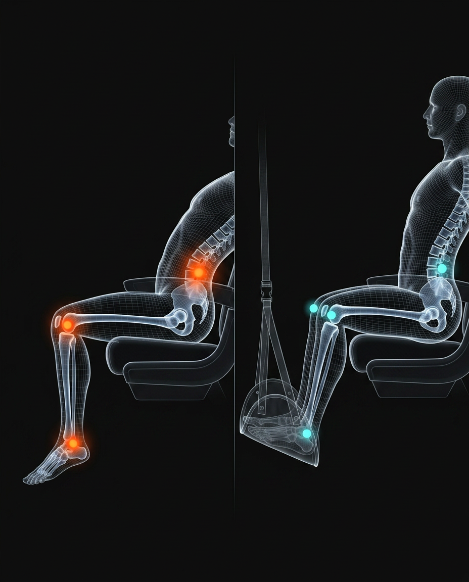 Diagram comparing seated posture with and without the foot hammock