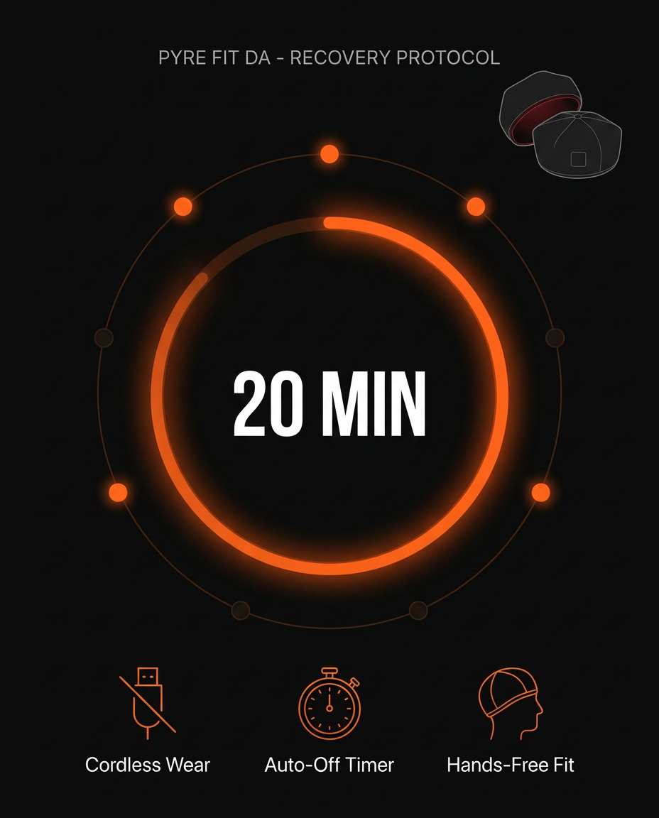 Session protocol graphic showing the cap's 20-minute auto-off red light timer