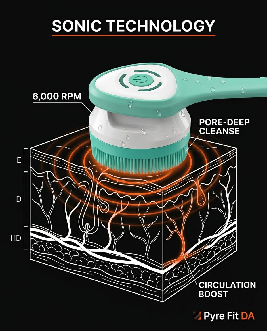Sonic technology diagram: 6,000 RPM brush vibrations reaching skin layers for deep cleansing