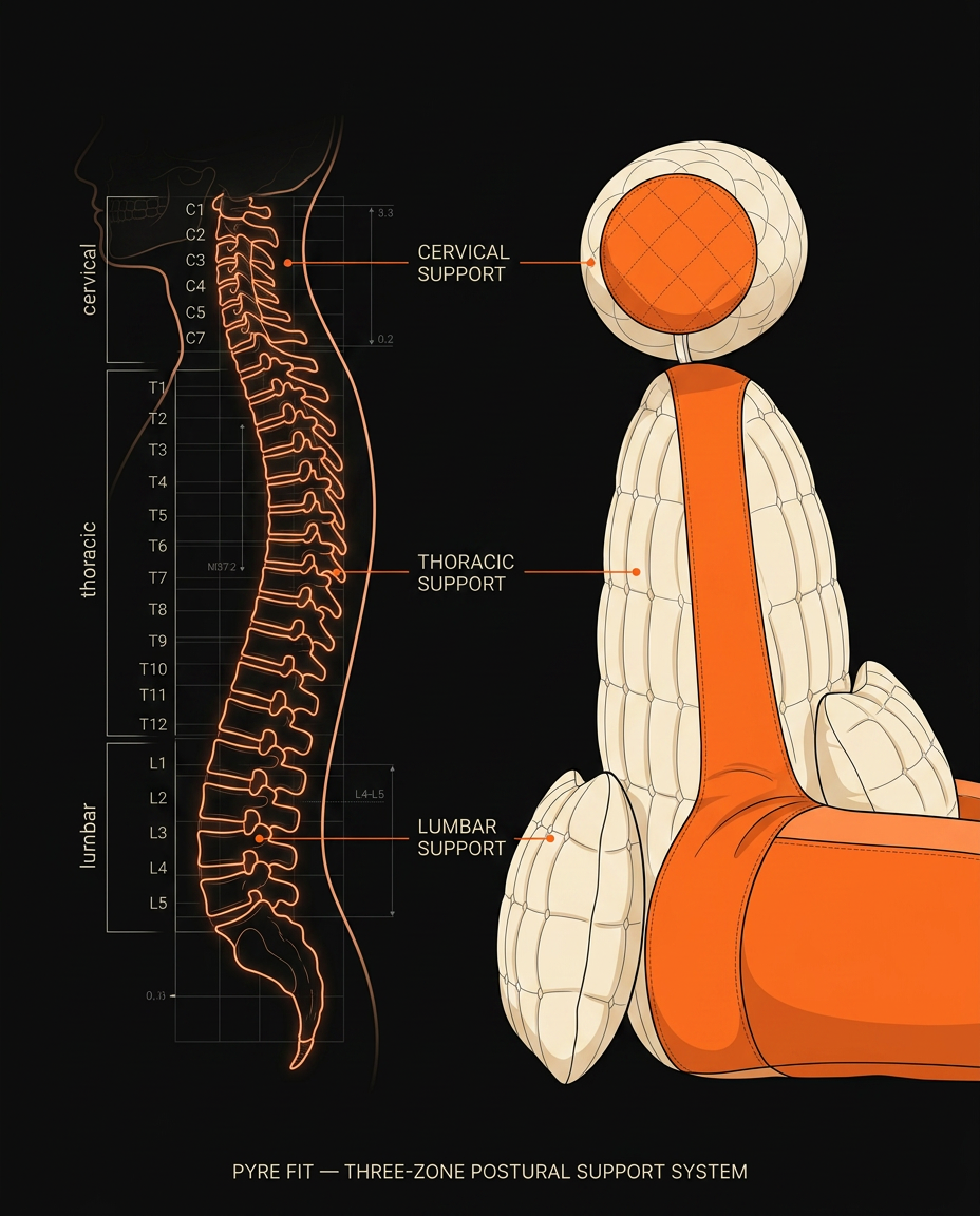 Spine diagram mapping cervical, thoracic and lumbar support zones of the reading pillow