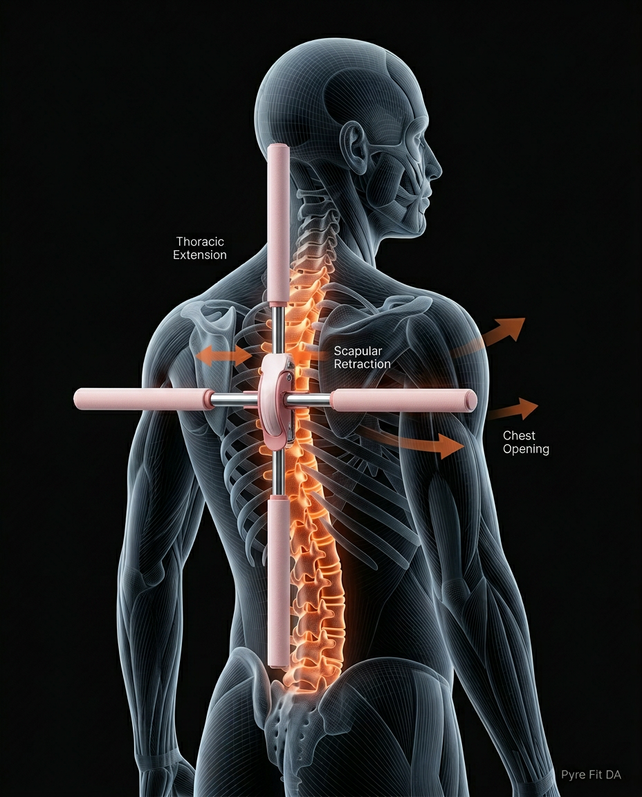 Anatomy diagram showing thoracic extension and chest opening with the posture stick