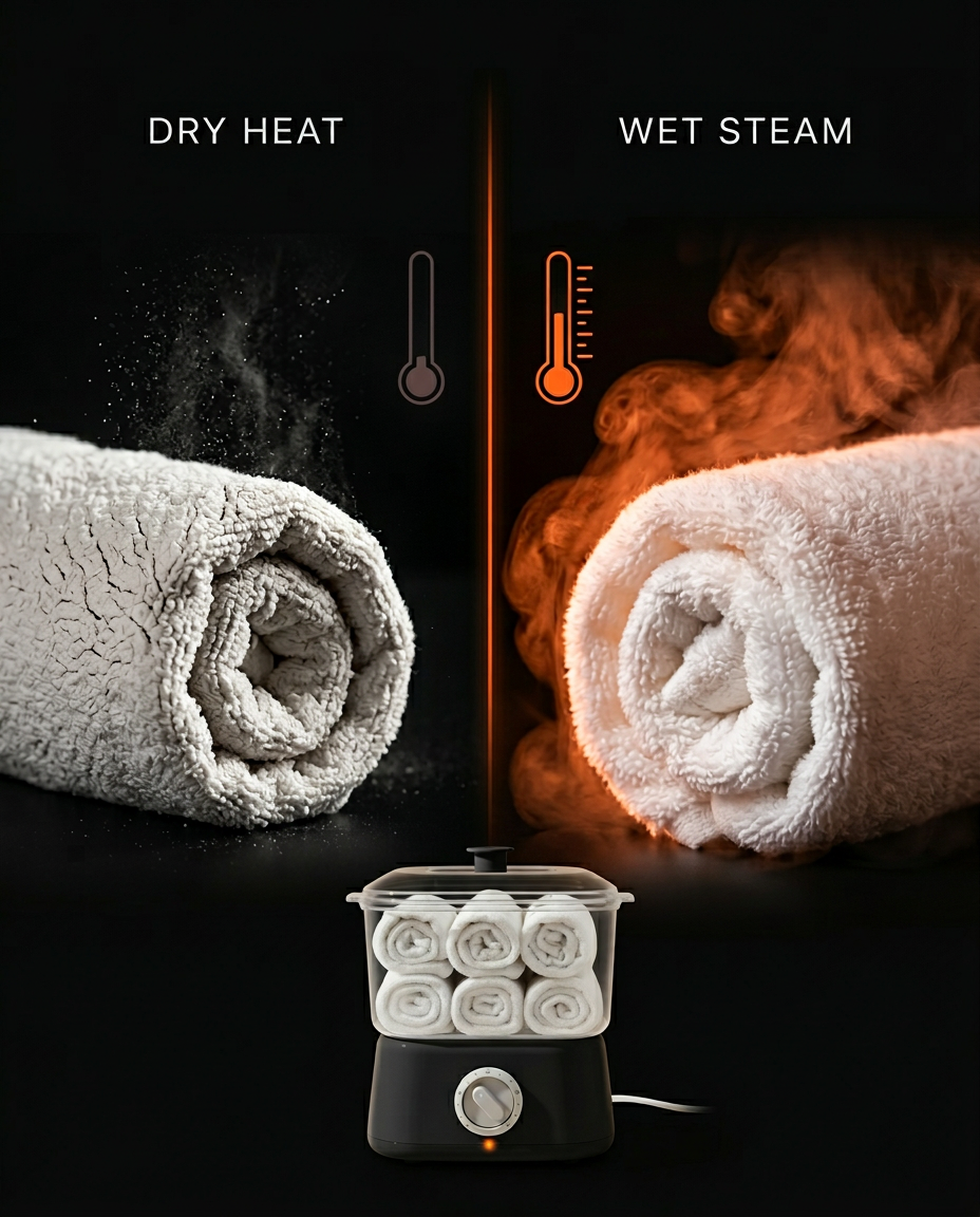 Comparison of dry heat versus moist steam towels from the warmer
