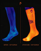 Thermal map comparing a cold bare foot to a warm heated sock after 10 minutes
