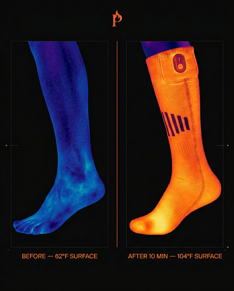 Thermal map comparing a cold bare foot to a warm heated sock after 10 minutes