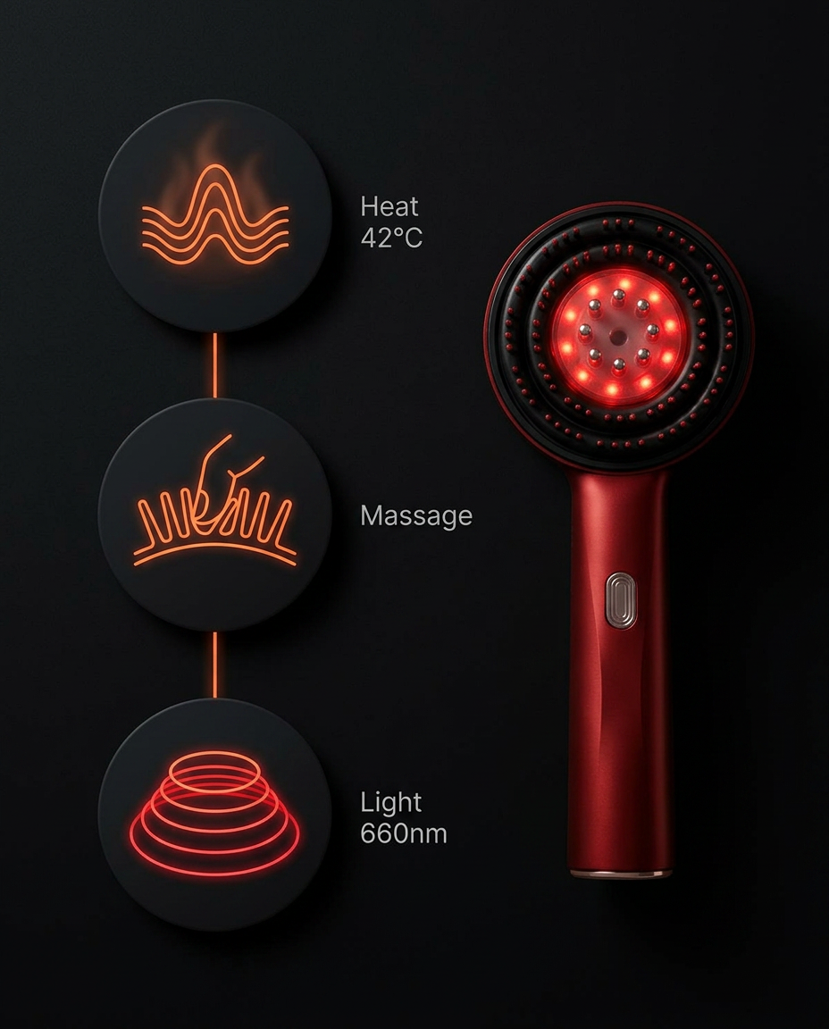 Infographic showing the comb's heat, massage and red light signals