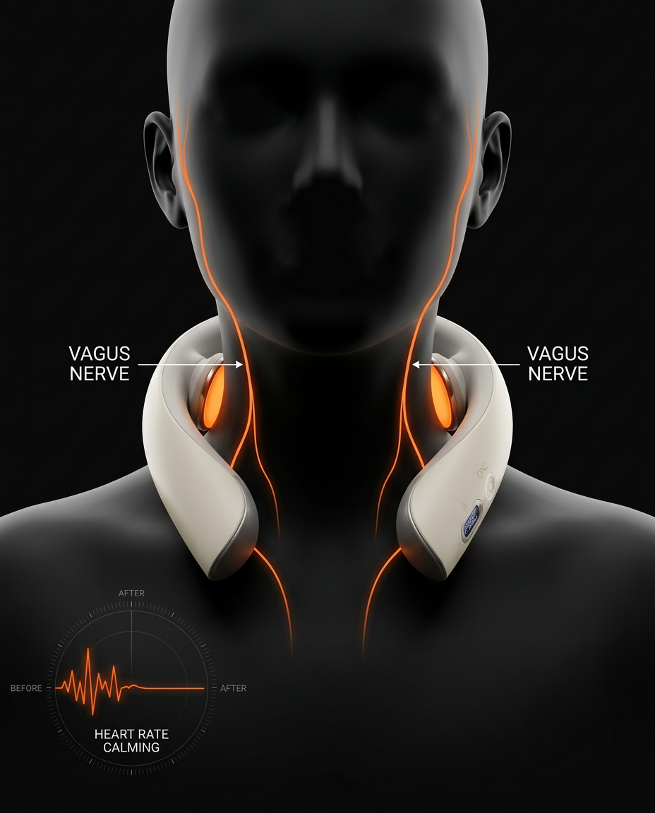 Diagram showing neck massager stimulating the calm for calming