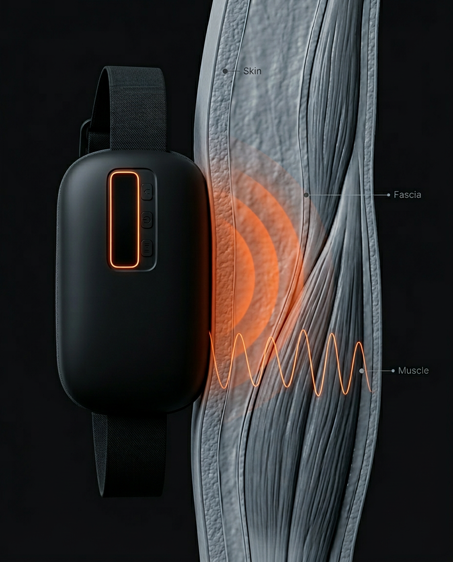 Diagram of the belt's vibration waves penetrating fascia and muscle