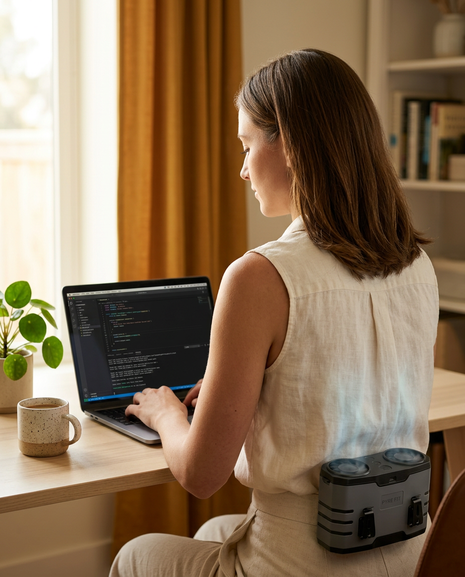 Woman working at a laptop with the cooling unit clipped to her waist, cool air rising