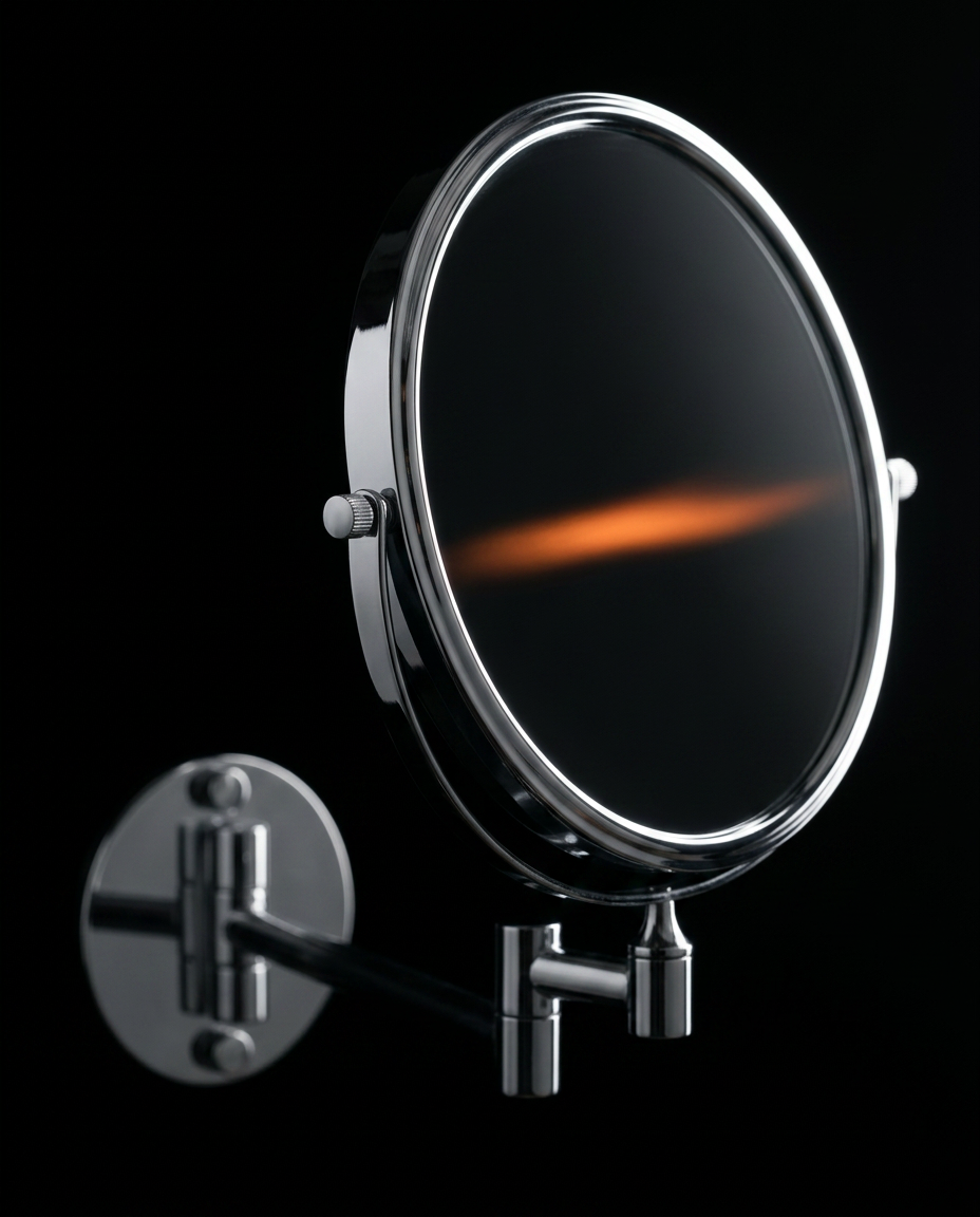 Chrome vanity mirror on a dark background reflecting a single ember light streak