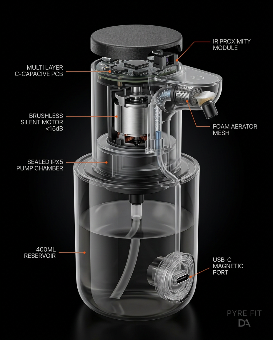 Engineering cutaway of the foam pump, silent motor and USB-C magnetic port