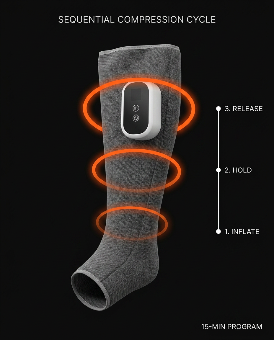 Diagram of the sequential compression cycle inflating around the calf wrap