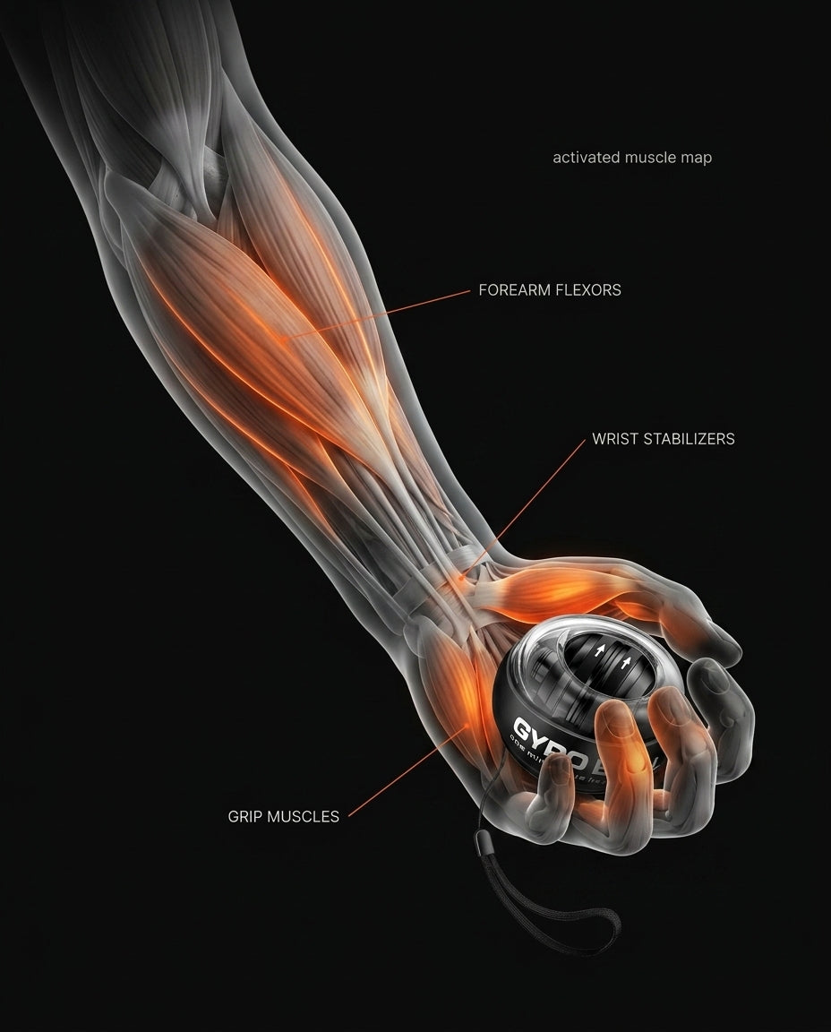 Anatomy diagram of a forearm gripping the gyro ball, highlighting flexor muscles