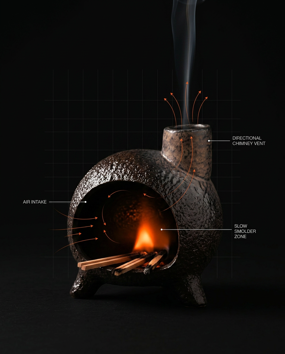 Cutaway showing the smolder chamber and airflow inside the ritual burner