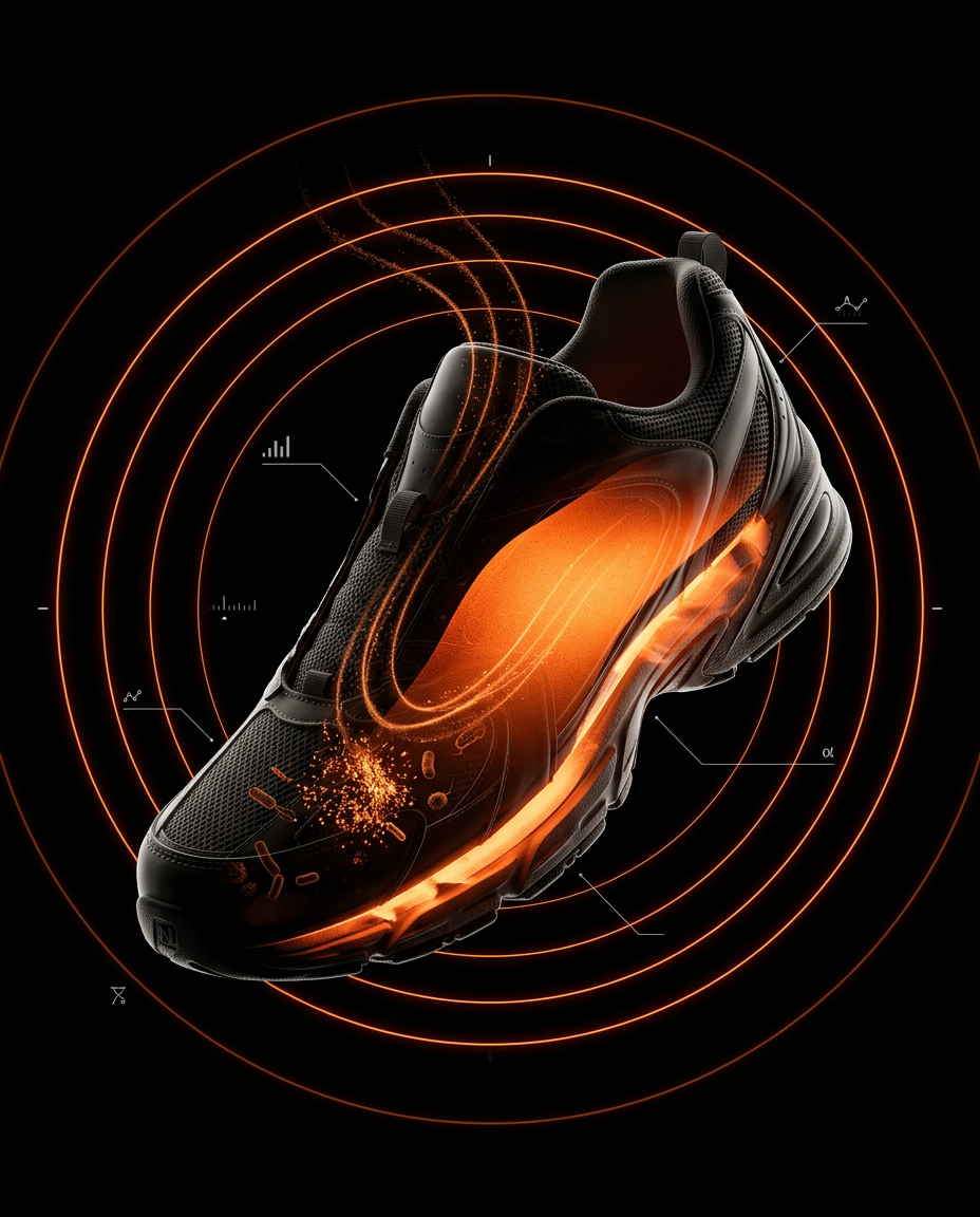 Glowing sneaker diagram showing ozone neutralizing odor-causing bacteria