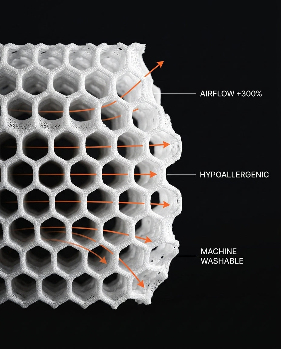 Macro of the 3D honeycomb mesh showing airflow, hypoallergenic and washable features