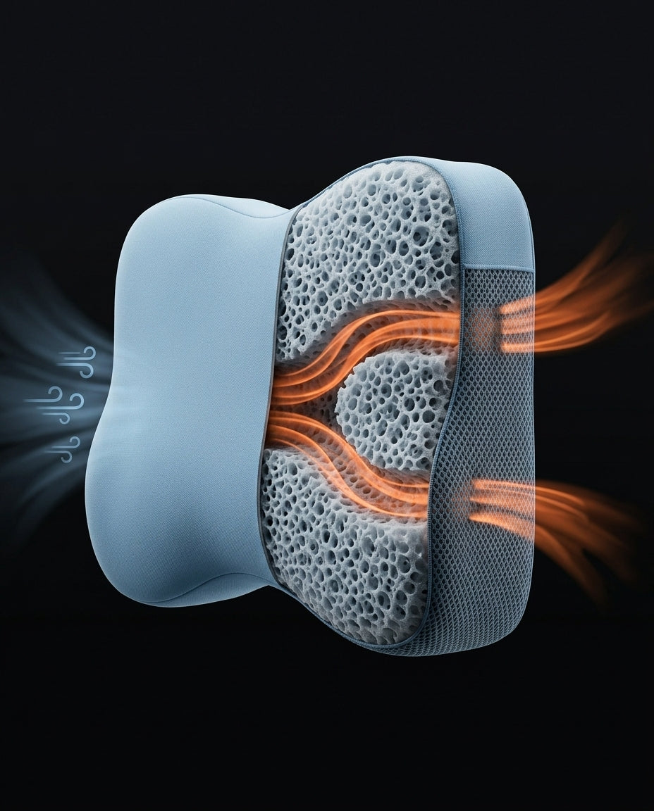 Cooling airflow diagram showing air channels through the ventilated pillow foam
