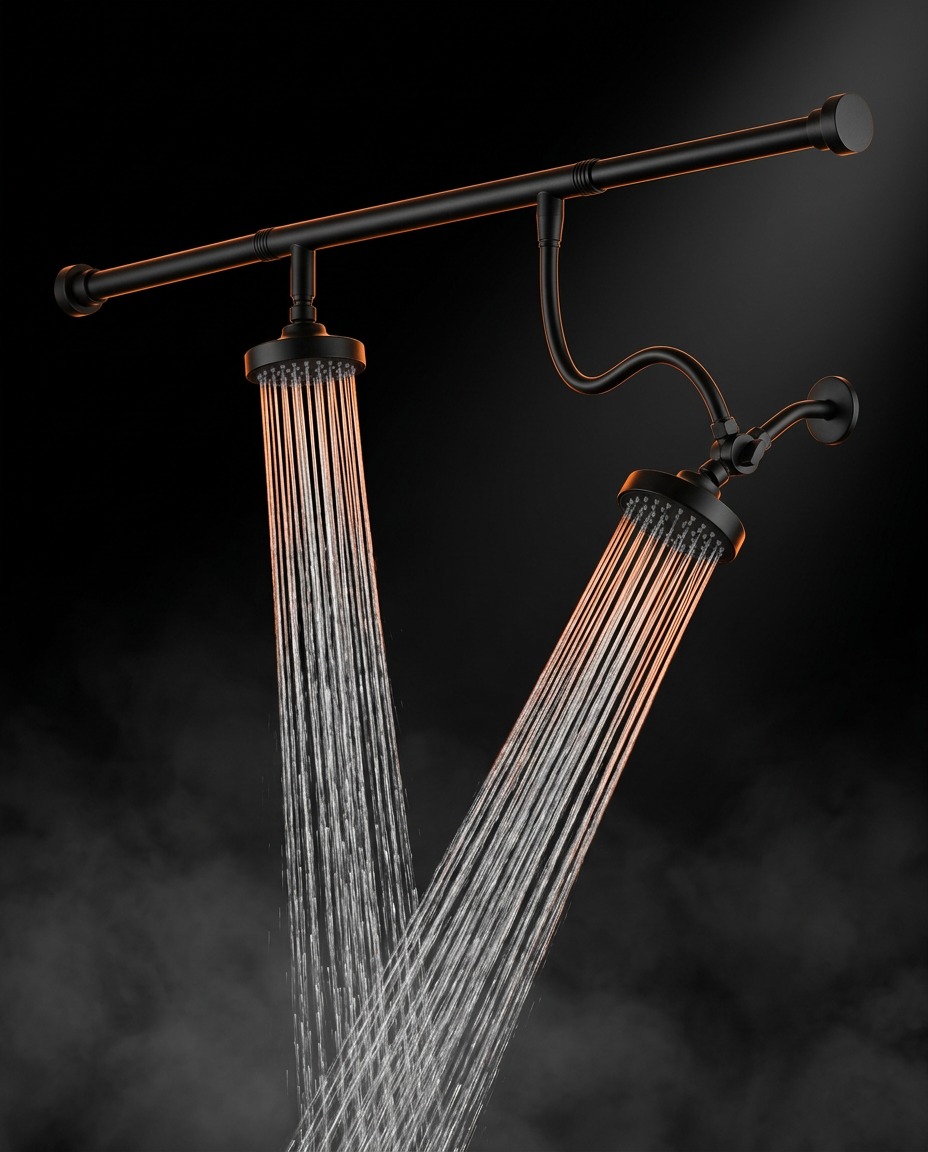 Dual bronze-black shower heads spraying crossing water jets on dark backdrop
