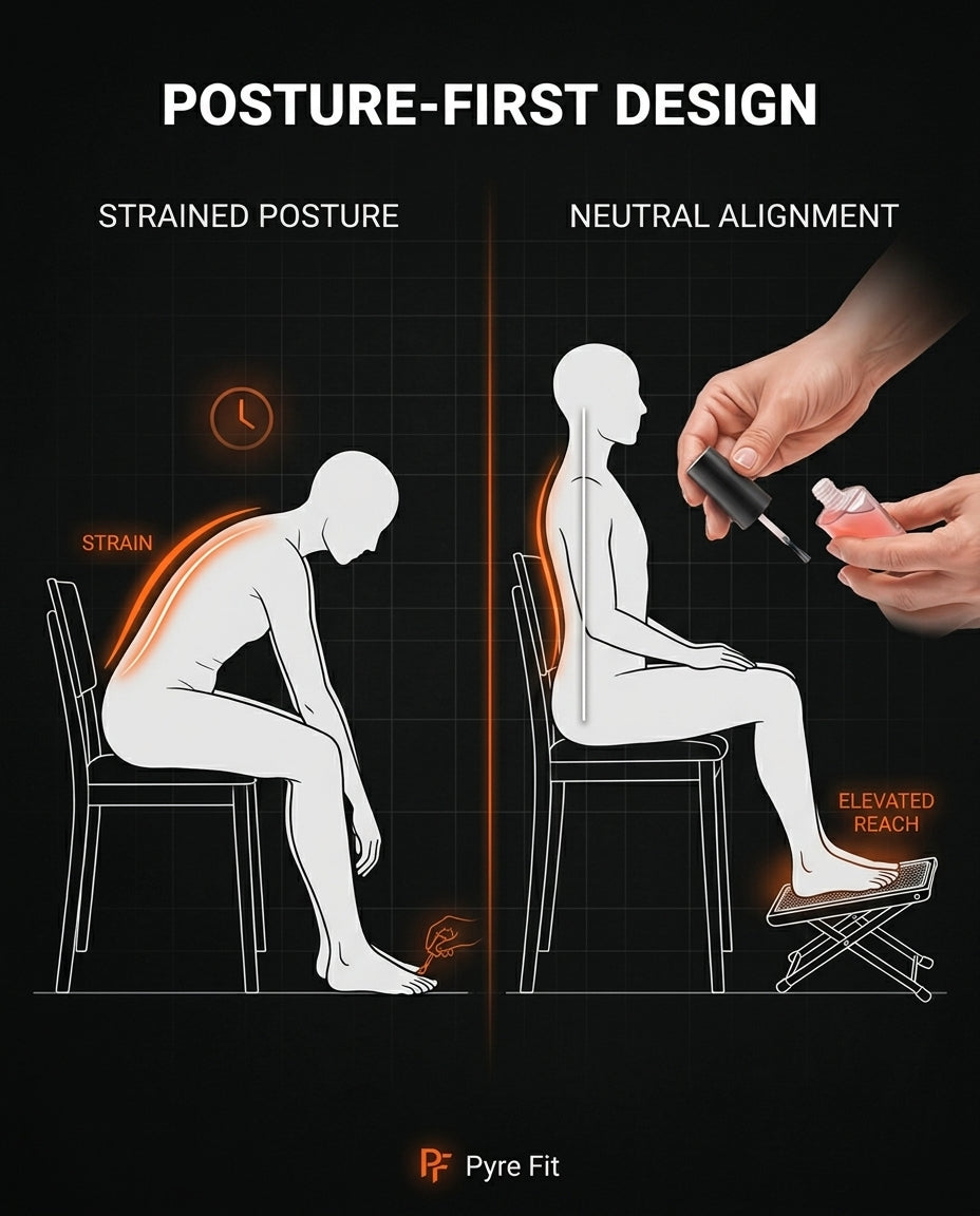 Ergonomics diagram comparing strained posture to neutral alignment with the footrest