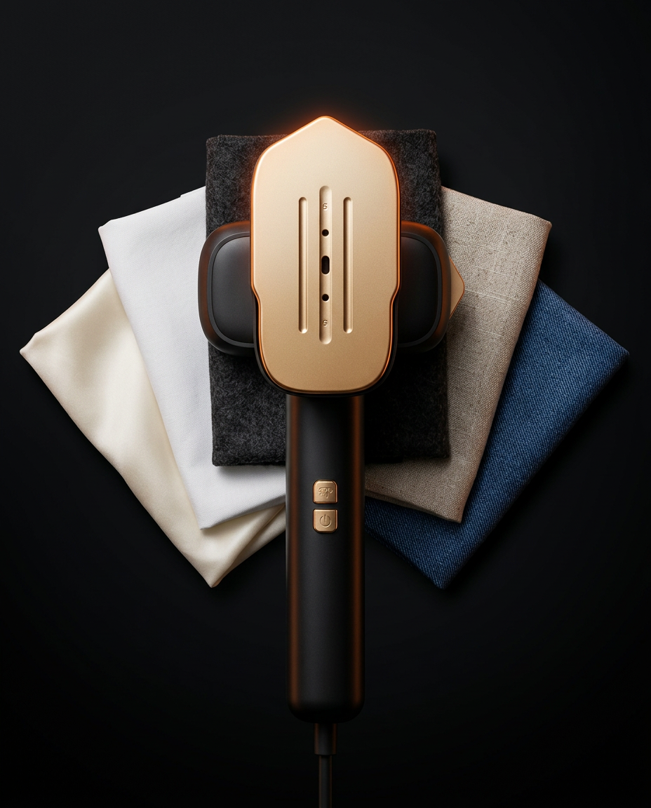 Garment steamer resting on folded fabric swatches showing material compatibility