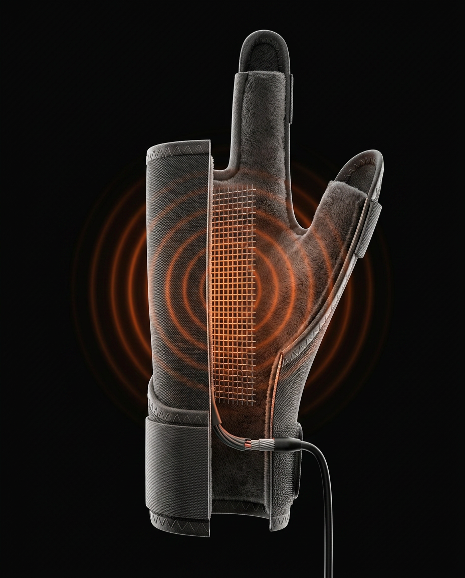 Diagram of infrared heat waves radiating through the hand and finger wrap