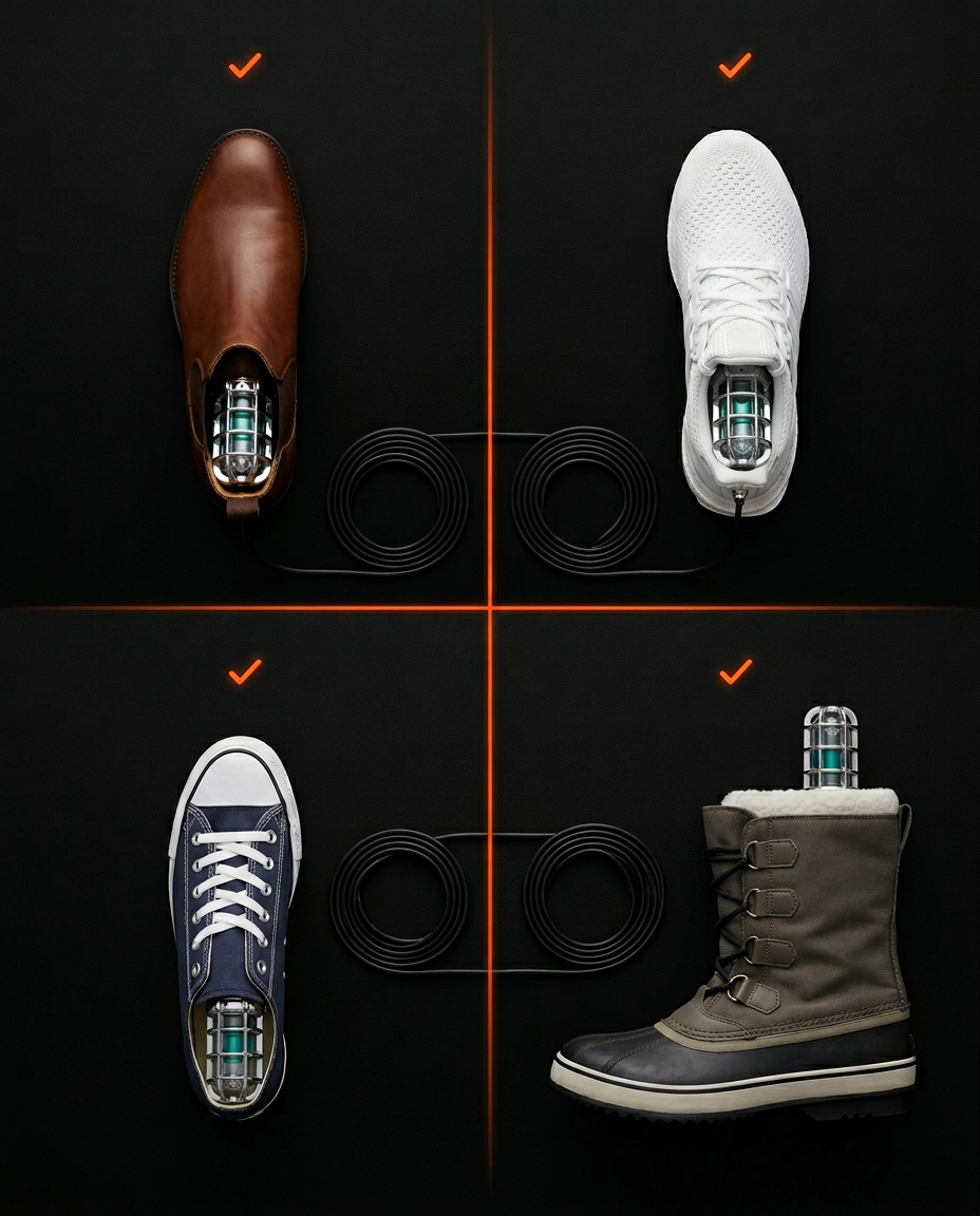 Grid showing the shoe dryer safely drying leather, sneaker, canvas and boots