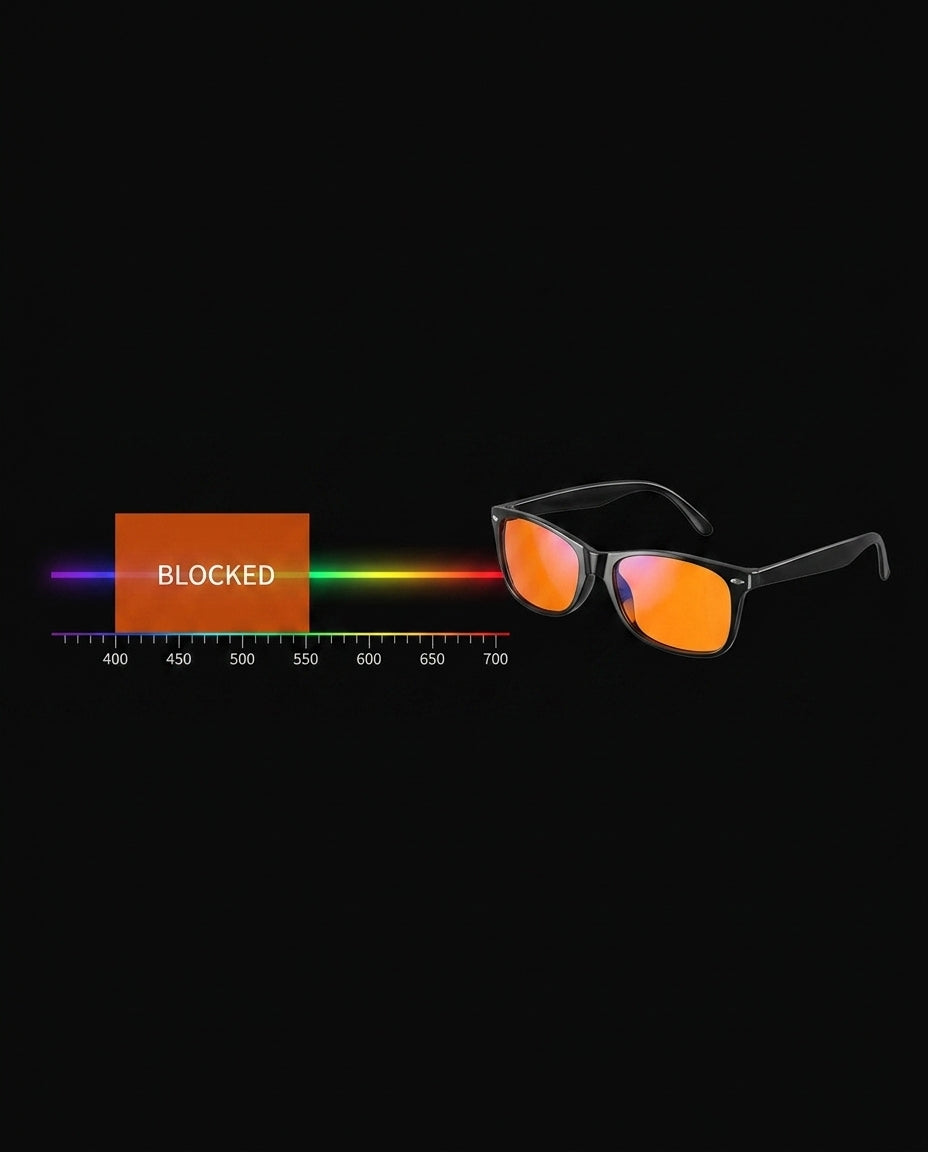 Light spectrum graphic showing blue light glasses blocking 400 to 550 nm