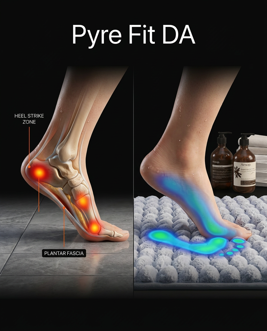 Pressure-relief diagram comparing foot strain on hard floor versus the cushioned mat