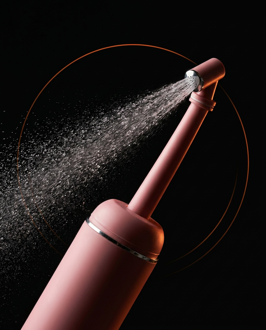 Pink hygiene bottle misting a fine spray, gentle-care concept on black
