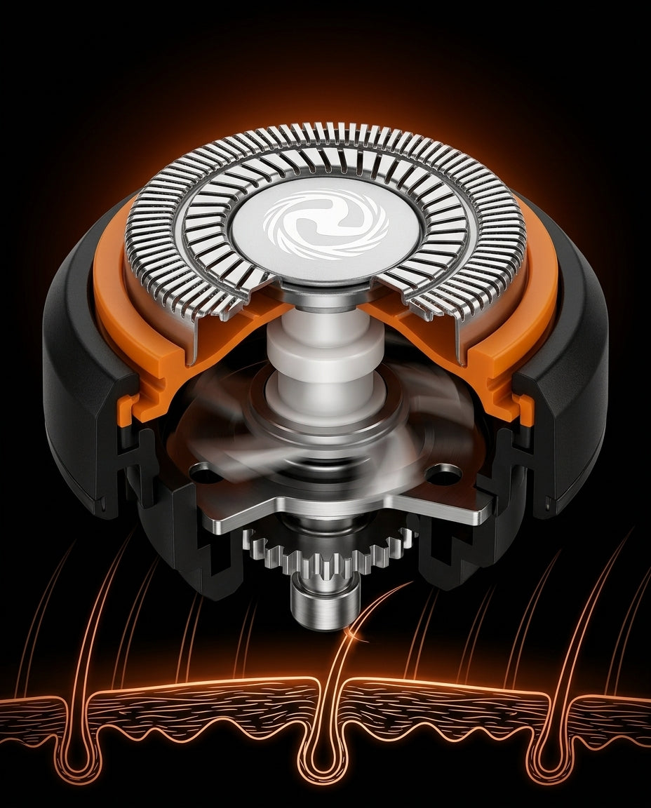Cutaway cross-section of a single rotary head above a skin and hair diagram